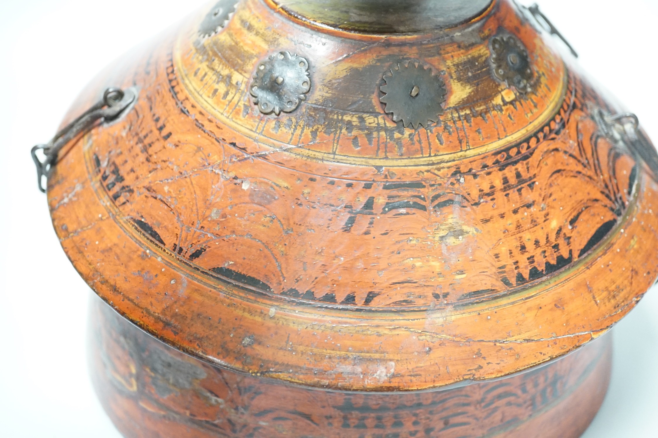 A Chinese wooden painted spice container and cover. 28cm tall